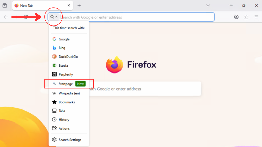 Firefox search menu open next to the address bar, with Startpage highlighted as a search option